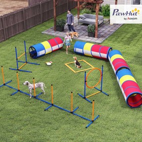 Conjunto de agilidade para cães com 12 peças, 4 túneis, obstáculos ajustáveis, anel, slaloms, 357 x 65 x 68 cm, multicolorido