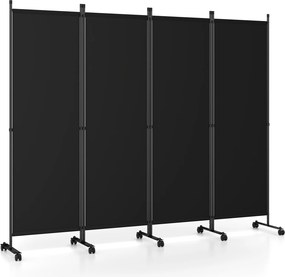 Biombo  Separador de Espaço Dobrável, 221 x 35,5 x 173 cm, 4 Painéis com Rodas Bloqueáveis, Preto