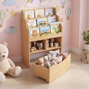 Estante Infantil para Brinquedos, 30 x 60 x 91 cm, Gaveta Removível com Rodas, Natural