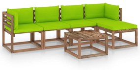 6 pcs conjunto lounge p/ jardim c/ almofadões verde brilhante