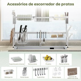 Escorredor de Louça de Aço de 2 Níveis com Prateleira para Pratos Suporte para Facas e Talheres 100x30x54,5 cm Branco
