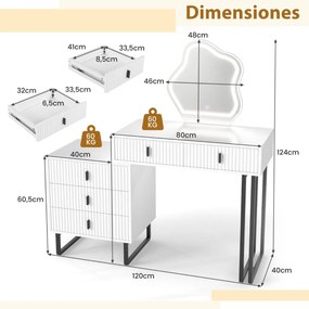 Toucador com espelho 120 x 40 x 124 cm e luzes 3 luzes ajustáveis 5 gavetas Bancada lateral Acabamento canelado e pernas metálicas Branco