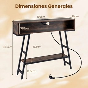 Mesa consola com luz LED e base de carregamento 100 x 20 x 86,5 cm, 3 níveis, com compartimento e prateleira, para corredor, entrada ou sala de estar,