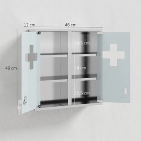 Armário de Medicamentos de Parede com Fechadura Portas de Vidro Prateleiras e 2 Chaves para Casa de Banho e Cozinha 46x12x48 cm Prateado