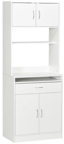 HOMCOM Armário de Cozinha com 4 Portas Bandeja Amovível Prateleira Ajustável Gaveta e Bancada para Micro-Ondas 70x40x180 cm Branco | Aosom Portugal
