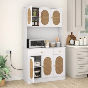 Armário de cozinha 100 x 40 x 180 cm com Estação de carregamento 6 portas Rattan Estilo boho,  2 gavetas 4 prateleiras ajustáveis Branco e Natural
