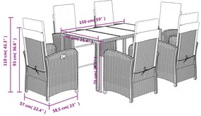 7 pcs conjunto de jantar p/ jardim c/ almofadões vime PE cinza