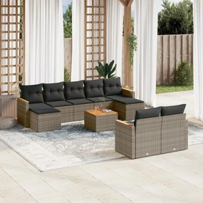 10 pcs conjunto sofás de jardim c/ almofadões vime PE cinzento