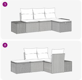 Conjunto de Sofá de Jardim de 4 Peças com Almofadas Bege Rattan Poliés