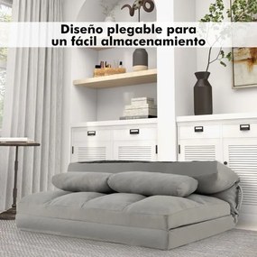 Sofá-cama chão dobrável de 2 lugares 72 x 102 x 54 cm com encosto ajustável em 6 posições, capa de veludo e 2 almofadas para quarto Cinza claro