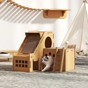 Arranhador para Gatos em Forma de Castelo 2 em 1 com 2 Áreas para Arranhar Catnip Rampa e Escada  67x66x57 cm Castanho