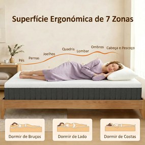 Colchão 190x135 cm Espessura 25 cm Colchão Viscoelástico com Molas Ensacadas de 7 Zonas Firmeza Média Capa Lavável