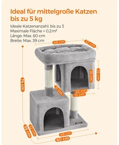 Arranhador para gatos de tamanho médio com 2 grutas para gatos 49 x 32 x 74 cm cinzento claro