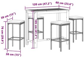 5 pcs conjunto de bar p/ jardim acácia maciça/vime PE castanho