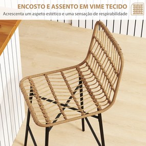 Conjunto de 2 Bancos Altos de Cozinha Bancos de Bar com Encosto e Assento em Vime Sintético 43x56x101 cm Castanho claro e preto