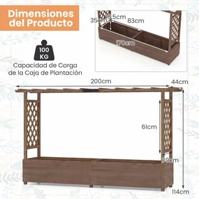 Floreira com Treliça para Plantas Trepadoras, 200 x 44 x 114 cm, Base Removível, Castanho