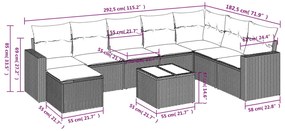 9 pcs conjunto de sofás p/ jardim com almofadões vime PE bege