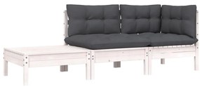 3 pcs conjunto lounge jardim c/ almofadões pinho maciço branco