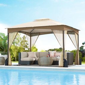 Pérgula para jardim 365x300 cm com paredes de malha com pesos areia Estrutura metálica resistente Portas com fecho Caqui