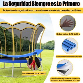 Trampolim 304 cm em forma de flor Rede de segurança Almofada de segurança e Estrutura de metal galvanizado Azul + Amarelo