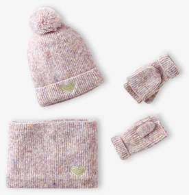 Conjunto gorro «Coração» + gola snood + luvas/mitenes,  para menina   rosado