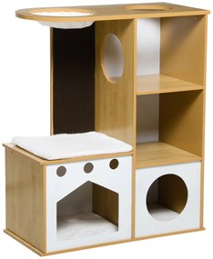 PawHut Casa para Gatos de Madeira com 2 Cavernas Arranhador Rede e Almofadas de Pélucia 76x37x92,5 cm Carvalho e Branco