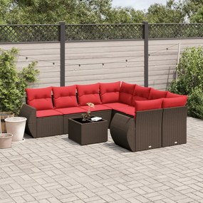 vidaXL 9 pcs conjunto sofás p/ jardim c/ almofadões vime PE castanho