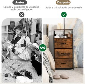 Armário arrumação de 3 gavetas com estrutura de aço para quarto, sala de estar, escritório 45 x 29,5 x 92 cm Castanho