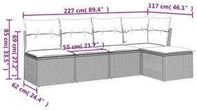 5 pcs conj. sofás jardim c/ almofadões vime PE cinzento-claro