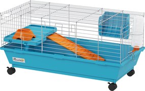 PawHut Gaiola para Animais Pequenos com Rodas Garrafa Comedouro Dispensador de Feno para Coelhos e Porquinhos da Índia 89x44x43 cm Azul | Aosom Portugal