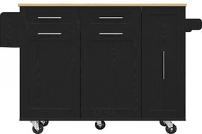 Ilha de cozinha com tampo de mesa abatível, carrinho de serviço com prateleiras para petiscos e armários extensíveis, 134,5x46/74x90,5 cm, Preto
