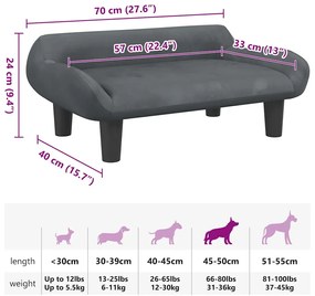 Cama para cães 70x40x24 cm veludo cinzento-escuro
