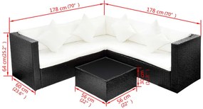 4 pcs conjunto lounge de jardim c/ almofadões vime PE preto