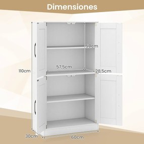 Armário de arrumação 60 x 30 x 110 cm, Despensa de cozinha, casa de banho, sala estar com portas e prateleiras ajustáveis Branco