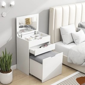 Toucador com Banco Oculto e Espelho Rebatível Mesa de Maquilhagem com Gaveta e 7 Compartimentos Banco Acolchoado Branco