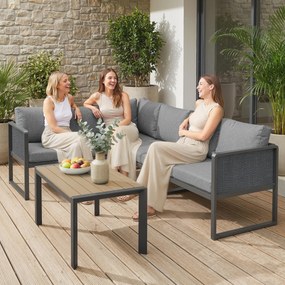 Conjunto de jardim modular de canto para 6 pessoas, sofás, mesa de centro e almofadas, cinzento escuro