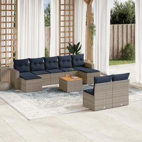 vidaXL 10 pcs conjunto sofás p/ jardim c/ almofadões vime PE cinzento