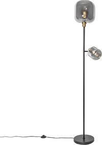 Candeeiro de pé preto com dourado e vidro fumê 2 luzes - Zuzanna