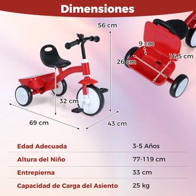 Triciclo para crianças com rodas luminosas, assento ajustável em 4 níveis, compartimento e pedais removíveis, para 3-5 anos, vermelho