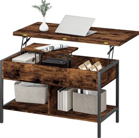 Mesa de centro elevável e extensível, com compartimento oculto e prateleiras abertas, 98 x 49 x 55 cm, castanho rústico