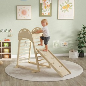 Triângulo de Escalada Montessori 6 em 1 Estrutura de Madeira com Plataforma Anéis e Escorrega para Escalar ou Deslizar Madeira