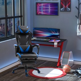 Cadeira Gaming Ergonómica Cadeira Gaming para Escritório com Altura Ajustável Encosto Regulável Almofada Lombar Apoio para os Pés Retráteis 65x70x117-
