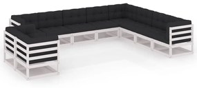 vidaXL 10 pcs conj. lounge de jardim c/ almofadões pinho maciço branco