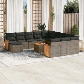 13 pcs conjunto sofás p/ jardim c/ almofadões vime PE cinzento