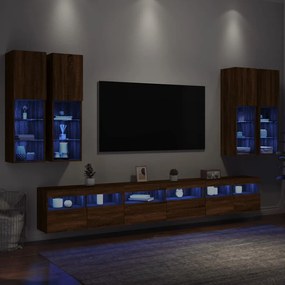 7 pcs conj. móveis de parede p/ TV luzes LED carvalho castanho