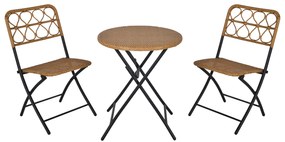 Conjunto de mesa e 2 cadeiras dobráveis ​​de vime para jardim Estrutura de aço Φ60x71 cm e 46x56x83 cm Madeira natural