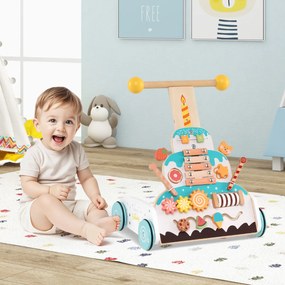 Andadilho de madeira para bebés de empurrar ajustável em altura com centro de atividades Xilofone Blocos deslizantes