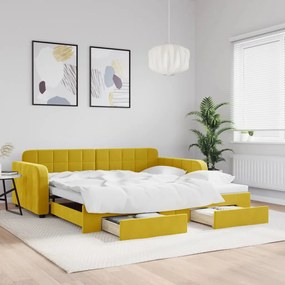 Sofá-cama com gavetão e gavetas 100x200 cm veludo amarelo