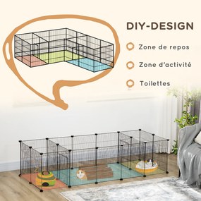 Recinto modular para pequenos animais (coelhos, roedores, cachorrinhos) – 18 painéis de arame de aço, 2 portas, 175 x 70 x 45, preto