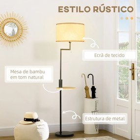 Candeeiro de Pé com Mesa Auxiliar Candeeiro com Prateleira Lâmpada E27 Máx. 40W com Ecrã de Linho Interruptor de Corrente e Carregador USB para Sala d